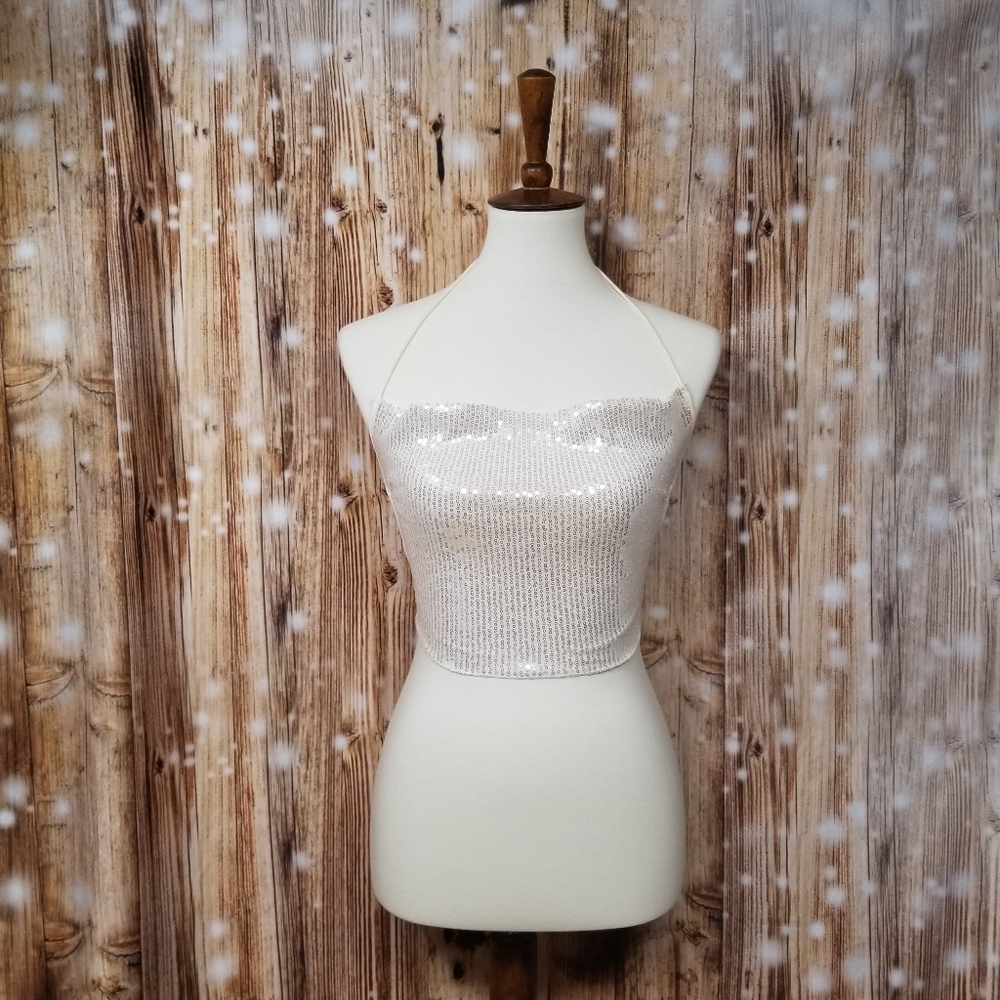 NWOT Shein Junior's XS Sequin Blush Pink Tie Back Cropped Tank Top